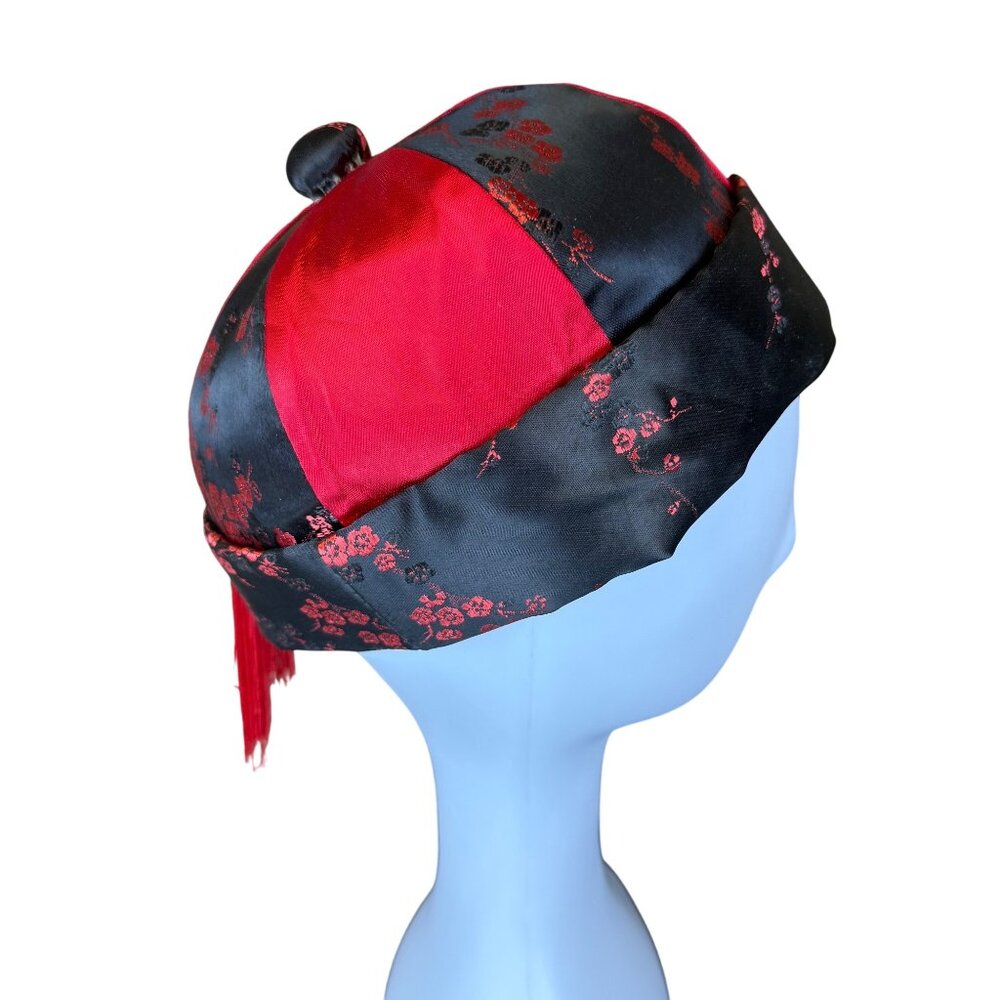 Traditional Chinese Mens Red & Black Satin Hat With Tassels & Floral Motif